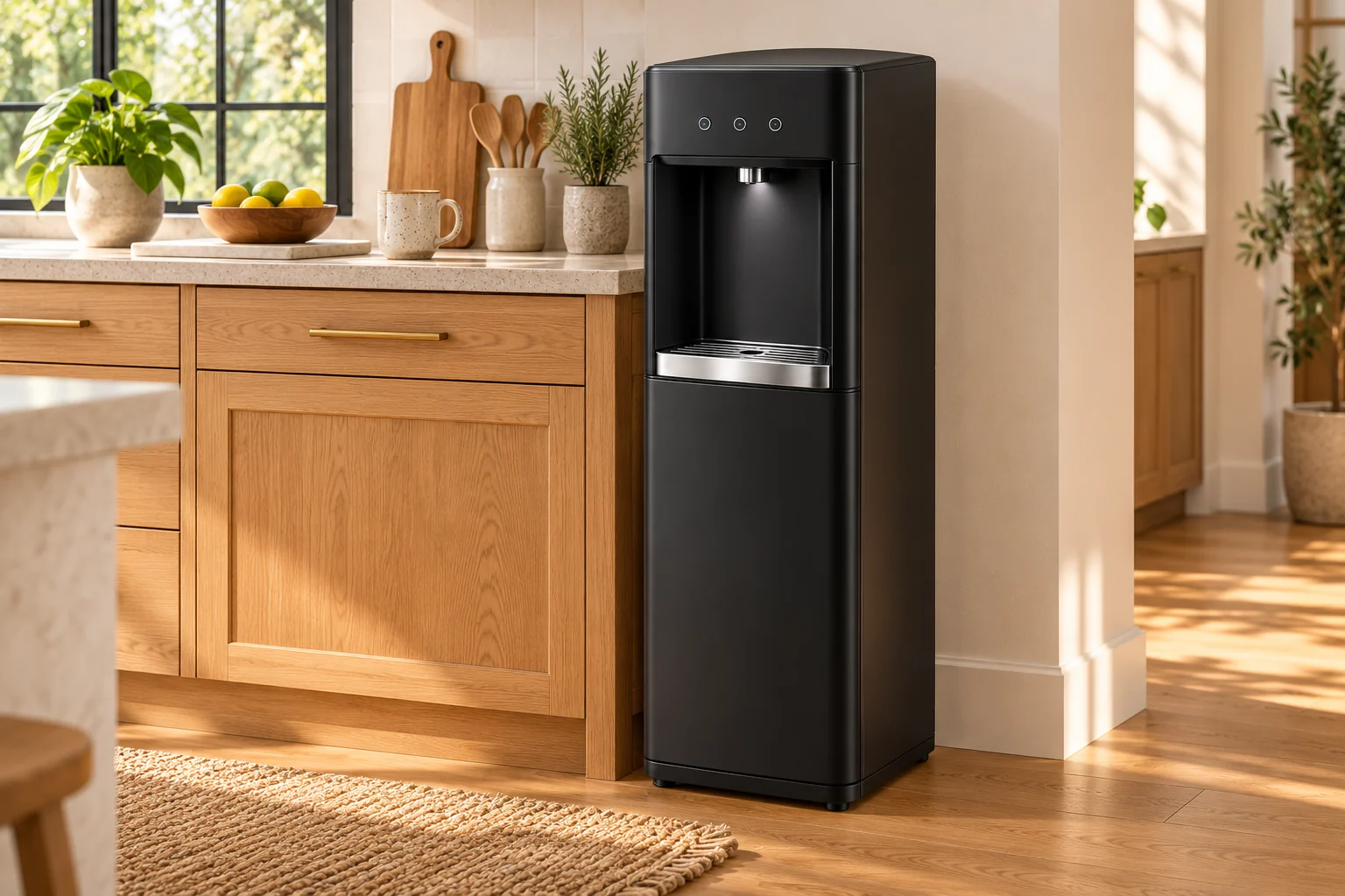 Concept of a bare black Jug Life cooler beside a sunny home kitchen