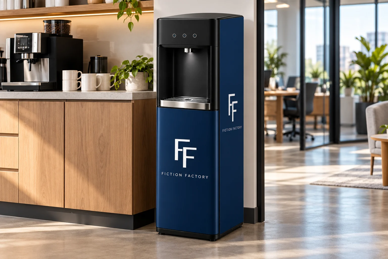Fiction Factory logo wrap illustrated on a water cooler in a company breakroom