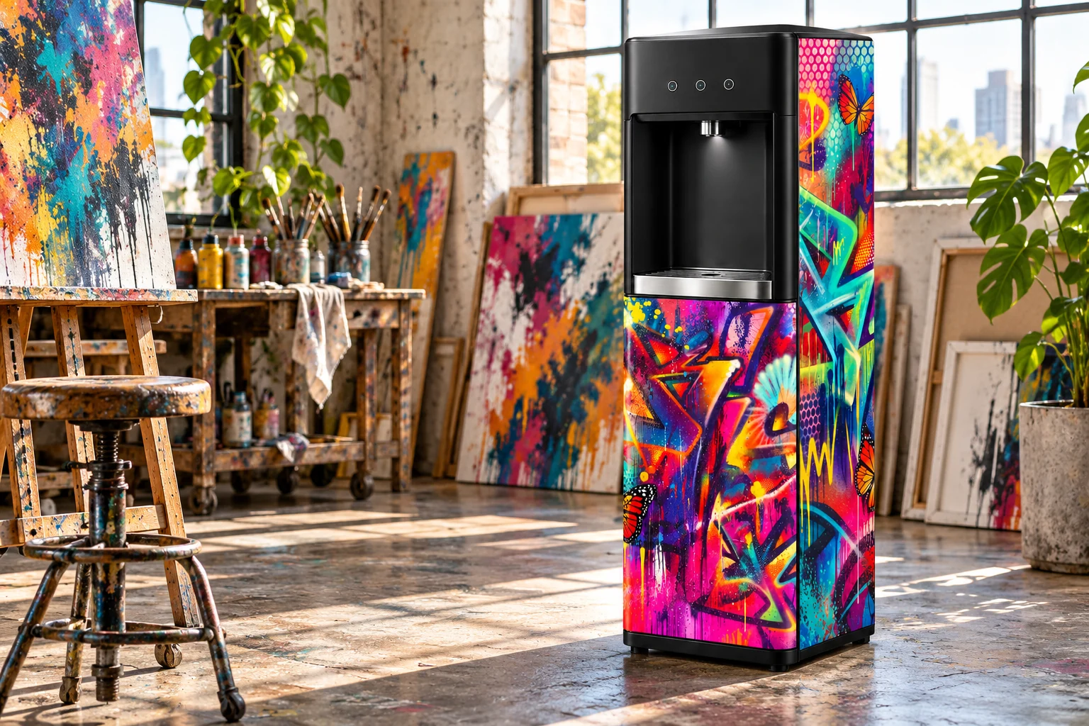 Concept of a RISK art-wrapped Jug Life cooler in a working art studio